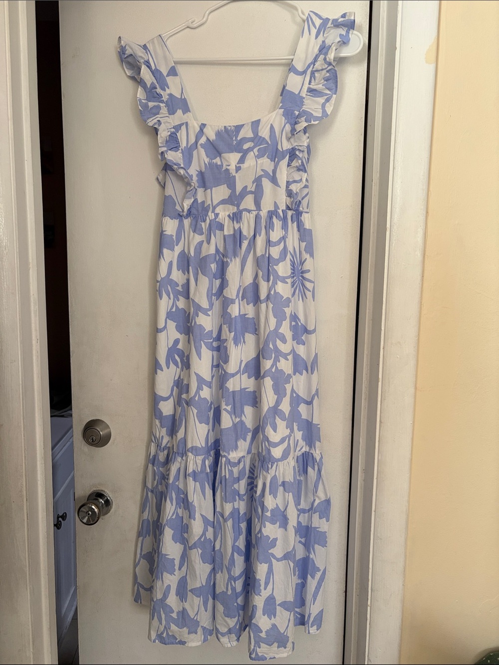 Aakaa White Maxi Dress with Light Blue Floral Print and Ruffle Straps, size S.